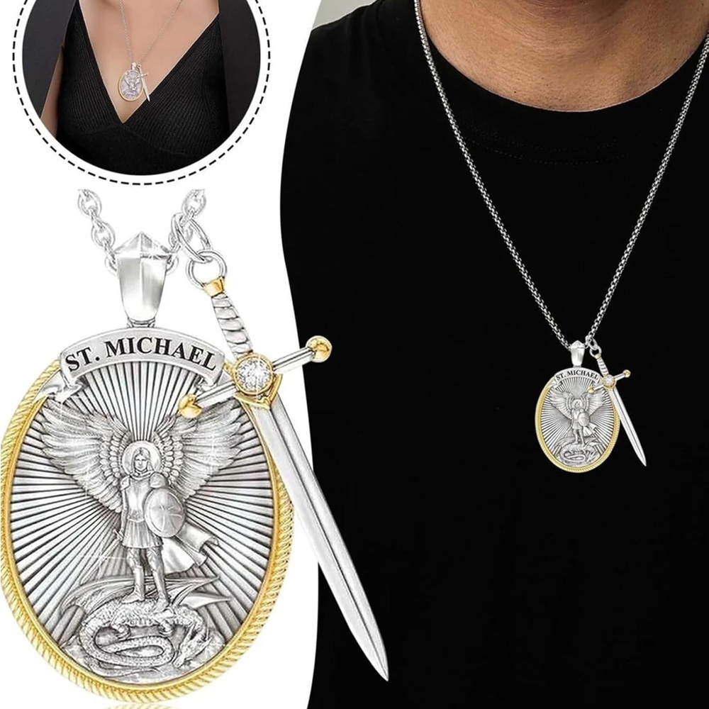 NEW Saint St. Michael Pendant Archangel Pendant Necklace Sword Cross Medal - Picture 3 of 10